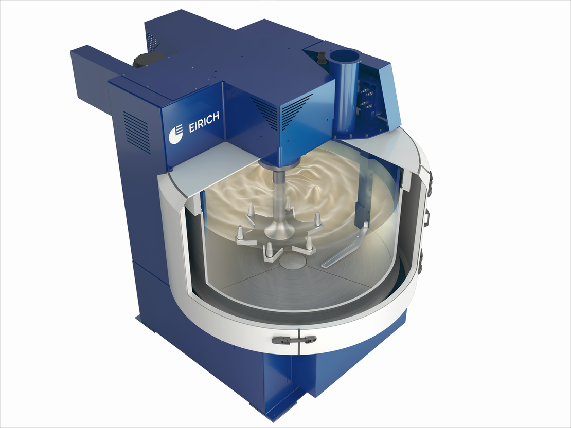 The Eirich mixing principle, inclined rotating pan with eccentric mixing tool